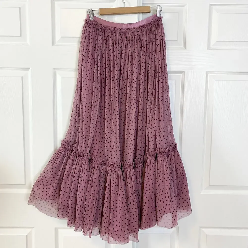 Anthropologie Maeve Tiered Tulle Polka Dot Midi Maxi Skirt Pink Purple Small